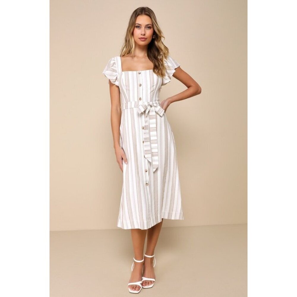 Lulu's Cream and Beige Striped Midi Dress